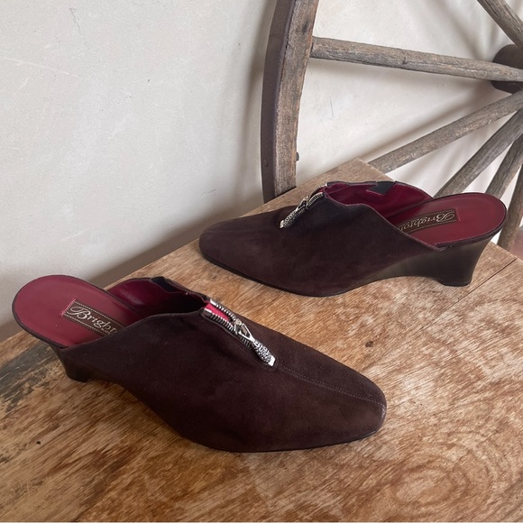 BRIGHTON “ROCKER” Brown Suede Wedge Heel Mules Decorative Zipper Toggle 9M NEW! - Picture 12 of 12